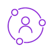 Purple user icon surrounded by three connected circles symbolizing network or connection on black background