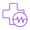 Purple medical cross and heartbeat line icon representing health care and medical services.