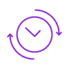 Purple clock icon with circular arrows indicating time passing or refresh cycle on transparent background