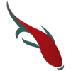Minimalist red and dark green abstract koi fish illustration swimming to the right on transparent background.