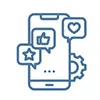 Line art of a smartphone with social media icons and a gear symbol representing app settings and engagement.