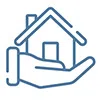 Blue outline of a hand holding a small house icon symbolizing home protection or real estate service.