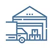 Line art of a warehouse with stacked boxes and a delivery truck in front symbolizing logistics and shipping
