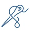 Blue line art of a needle with thread looping and curving around it on a white background