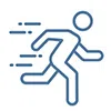 Blue line icon of a person running fast with speed lines behind them on white background