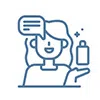 Line art of a smiling woman holding a bottle with a speech bubble above her head