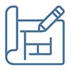 Blue line drawing of blueprint with pencil icon, representing design and planning concept.