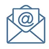 Blue outline of an open envelope with a paper showing an email @ symbol inside on white background