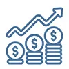 Blue line graph showing rising trend with stacks of dollar coins increasing in height