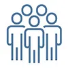 Blue outline icon depicting a group of five people standing together representing teamwork or community