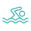 Simple teal line icon of a person swimming with wavy water lines below on transparent background