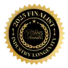 Gold and black circular badge for 2025 Finalist in Industry Longevity Titans Awards with laurel and stars.
