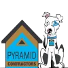 Logo of Pyramid Contractors featuring a house shape and a dog with a blue and brown color scheme.