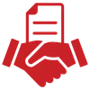 Red icon of two hands shaking with a document above, symbolizing agreement or contract signing.