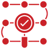 Red magnifying glass with checkmark surrounded by connected red circles representing network and verification.