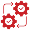 Two red gears with check marks connected by arrows indicating a continuous process or workflow.