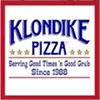 Klondike Pizza logo with blue text and gold stars, tagline Serving Good Times & Good Grub Since 2000
