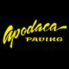 Bold yellow Apodaca Paving logo with stylized and block lettering on a black background.