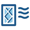 Blue window frame with diamond glass panes and three blue wavy air flow lines to the right