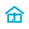 Blue pixel art icon of a house with a pitched roof and window on a black background