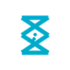 Blue pixelated hourglass icon on a black background symbolizing time or loading.