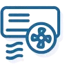 Blue line icon of an air conditioner with fan blades and airflow lines.