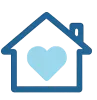 Blue house outline with a light blue heart shape inside symbolizing love and home.