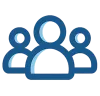 Blue icon representing a group of three people with one in front and two behind on each side.
