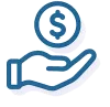 Blue line icon of an open hand holding a coin with a dollar sign symbolizing payment or donation.
