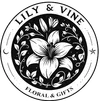 Black and white circular logo with a detailed lily flower and leaves surrounded by text Lily & Vine Floral & Gifts.