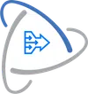 Abstract triangular shape with blue and grey curved lines and a central blue arrow pointing right with three smaller arrows merging