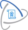 Blue certificate icon with a ribbon inside a triangular shape with overlapping curved lines in blue and gray