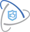 White triangular shield with blue thumbs-up icon in center and curved blue and gray lines around it