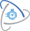Blue stopwatch icon with motion lines inside a white triangular shape with curved blue and gray borders.