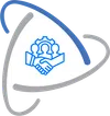 Blue handshake icon with three people and gear inside a triangular shape with curved blue and gray edges