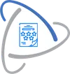 Blue outlined document with five stars inside a triangular atomic orbit design in blue and gray.
