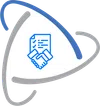 Blue handshake and checklist icon inside a white triangular shape with orbit-like curved lines around it.