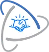 Blue handshake icon inside a white triangular shape with curved gray and blue lines orbiting it