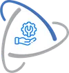 Blue gear and wrench icon above an open hand inside a triangular shield with curved blue and gray lines.