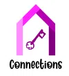 Pink and purple house shape framing a decorative key with a heart symbol and the word Connections below.