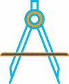 Blue and orange drawing compass icon on black background representing measurement and design tools.