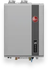 Rheem tankless water heater with digital temperature display set to 120 degrees and control buttons