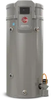 Gray Rheem Professional Classic Plus Series water heater with digital display and brass fittings