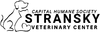 White logo with outline of a dog and cat, heart shape, and text for Stransky Veterinary Center