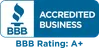 BBB Accredited Business logo with a blue flame icon and A+ rating text