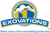 Exovations company logo with stylized buildings under clouds and tagline about stress-free remodeling.