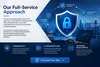 Cybersecurity full-service approach with shield lock, IT infrastructure, software development, and risk calculation visuals.