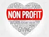 Heart-shaped word cloud with 'Non Profit' in red and white surrounded by words like giving, food, love, and humanitarian.