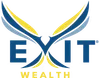 EXIT Wealth logo featuring stylized wings in blue and yellow with bold text