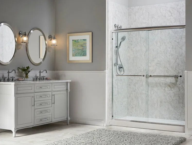 a room with a sink and a mirror